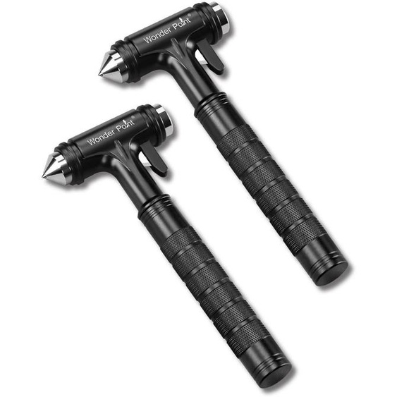 Marteau de secours automobile 3-en-1 : coupe-ceintures, brise-vitres, en aluminium, couleur noire, lot de 2