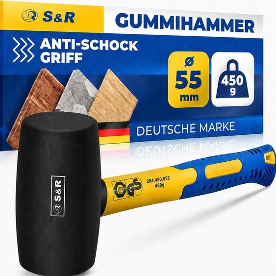 Marteau en caoutchouc S&R, modèle Klein Schwarz, 55 mm, 450 g. Marteau de camping, marteau de maçon, marteau anti-recul – fiable pour les carrelages, les meubles et les fenêtres.  GS et testé par – Dimensions : 55 mm, poids : 450 g