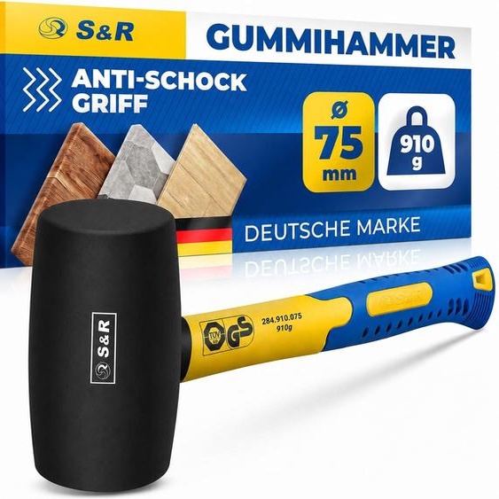 Marteau en caoutchouc S&R, modèle Klein Schwarz, 75 mm, 910 g. Marteau de camping, marteau de maçon, marteau anti-recul – fiable pour les carrelages, les meubles et les fenêtres. GS et testé par – Dimensions : 75 mm, poids : 910 g