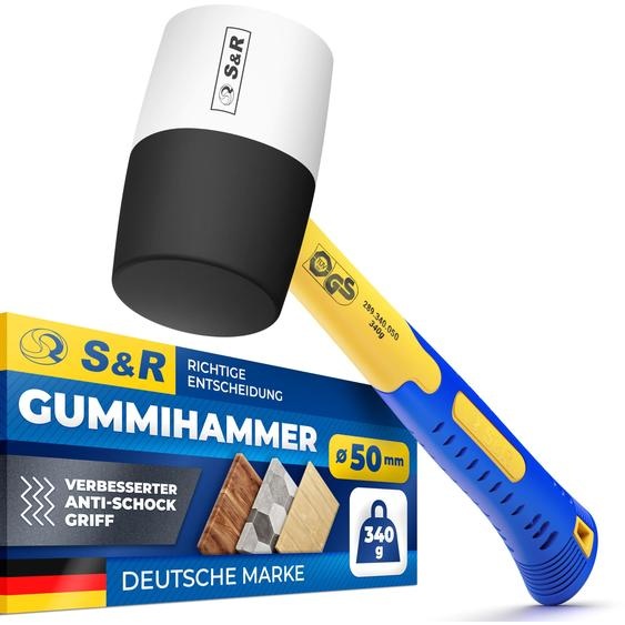 Marteau en caoutchouc S&R pour pavés, noir et blanc, 340g, professionnel, en caoutchouc naturel, manche en fibre de verre antidérapant et absorbant les chocs, diamètre 50mm. Marteau de protection pour pavés, carrelages, dalles, idéal pour le camping. GS,