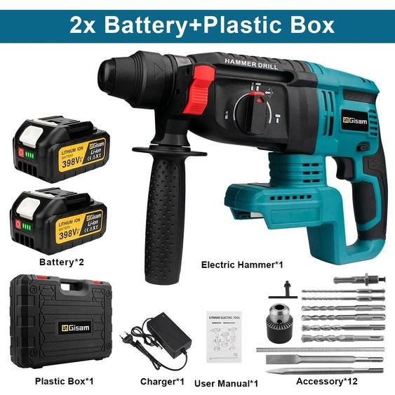 Marteau perforateur 26 mm - Marteau rotatif sans fil 18 V - Moteur sans balais - 3 500 tr/min - 2 batteries - Mallette en plastique - Argent
