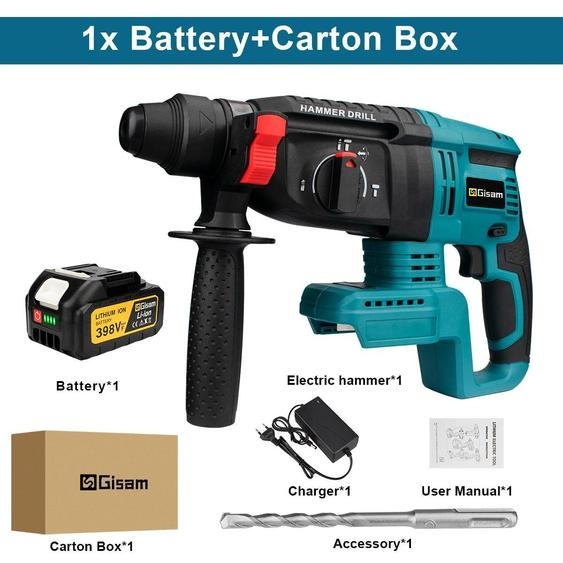 Marteau perforateur sans fil 26 mm - Modèle sans balais - 18 V - 3 500 tr/min - 1 batterie incluse - Emballage en carton - Couleur dorée