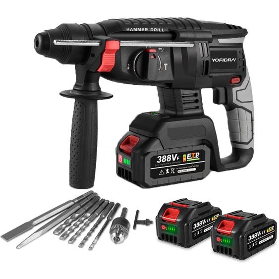 Marteau perforateur sans fil, Marteau perforateur SDS-plus sans balais Avec 2x batteries et chargeur, 4 en 1 fonctions, poignée anti-vibrations pour béton, maçonnerie