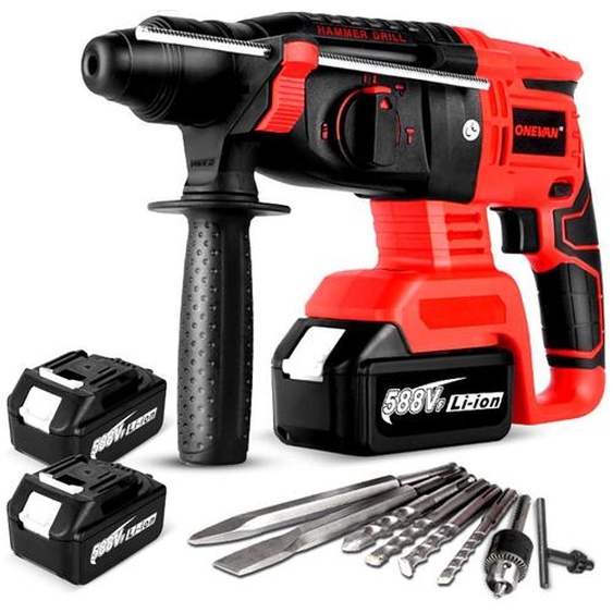Marteau perforateur sans fil Perceuse à percussion sans balais 4-en-1 Marteau perforateur sans fil avec 2x batterie, poignée rotative 360° et embouts Sert, pour béton, maçonnerie, murs