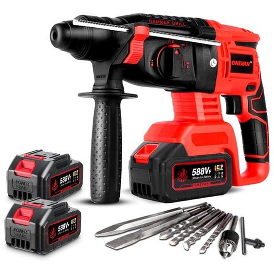 Marteau perforateur sans fil Perceuse à percussion sans balais 4-en-1 Marteau perforateur sans fil avec 2x batterie, poignée rotative 360° et embouts Sert, pour béton, maçonnerie, murs