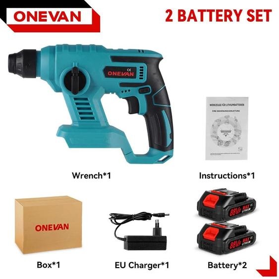 Marteau perforateur sans fil - Perceuse à percussion sans fil - Puissance 1 000 W - Moteur sans balais - Vitesse à vide 3 600 tr/min - Deux batteries 18 V - Poids 2,2 kg - Argent