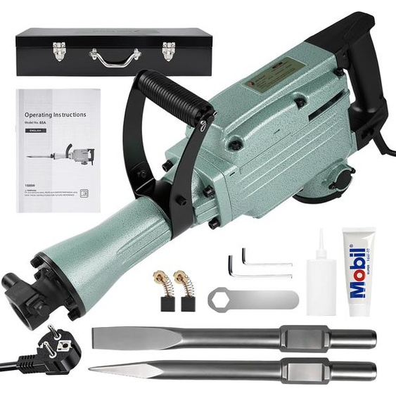 Marteau piqueur SDS 1500 W – Marteau de démolition béton haute puissance 65J avec poignée anti-vibrations, 2 burins et coffret de rangement