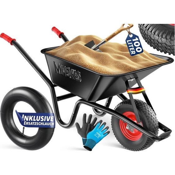 MASKO® brouette de chantier brouette de jardin 100 litres jusquà 250kg pneus gonflables avec jante en acier galvanisé cadre acier brouette de jardin brouette de transport gants de travail inclus