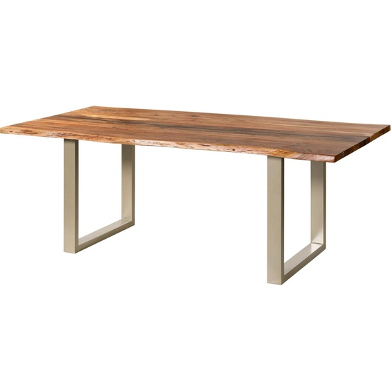 MASSIVMOEBEL24 | Table à manger en bois dacacia 160x90x76 naturel laqué / Epoxy noir, pieds en U argent mat EPOXY