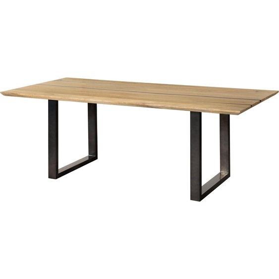 MASSIVMOEBEL24 | Table à manger en bois de manguier 160x90x74 naturel laqué /Epoxy noir ,pieds en U anthracite brillant EPOXY