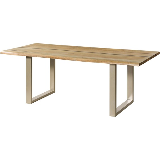 MASSIVMOEBEL24 | Table à manger en bois de manguier 160x90x76   naturel laqué  / Epoxy noir, pieds en U argent mat EPOXY