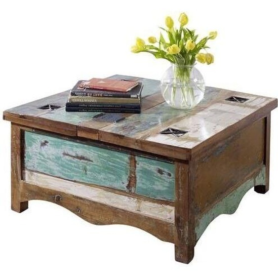 MASSIVMOEBEL24 | Table basse 90x90 Bois de récupération laqué Multicolore NATURE OF SPIRIT #07