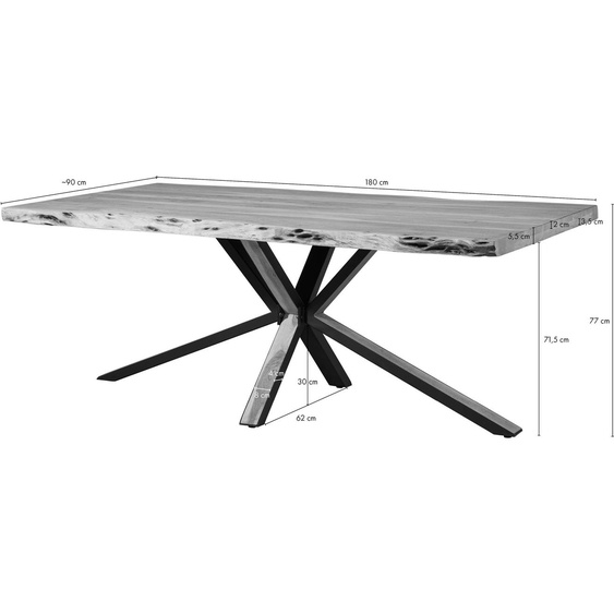 MASSIVMOEBEL24 | Table tranche darbre 180x90x77 Acacia laqué beige / pied central anthracite mat / nature FREEFORM