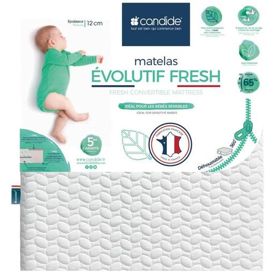 Matelas 70x140 Cm Pour Lit Bébé Évolutif Fresh - Ete/hiver - Peau Sensible - Déhoussable À 360° Blanc