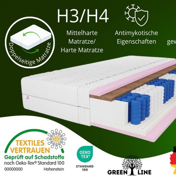 matelas à ressorts ensachés 7 ZONES Comfort 140X200 cm, latex -coco degré de dureté H3/H4, hauteur env. 20cm, couleur : noir, housse incluse