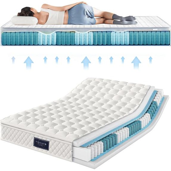 Matelas à ressorts ensachés, 7 zones en mousse à mémoire de forme, dimensions 140x200 cm, testé et 100% Oeko-Tex pour labsence de substances nocives, avec un sommier supérieur en microfibre matelassée