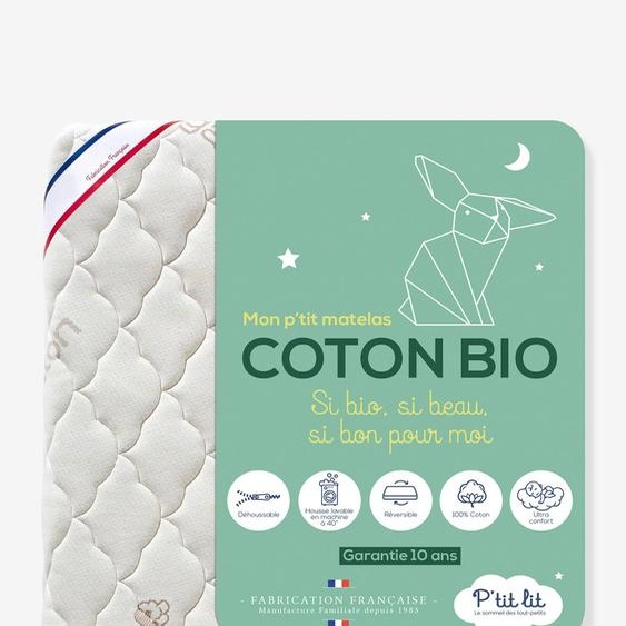 Matelas bébé déhoussable Coton bio* blanc