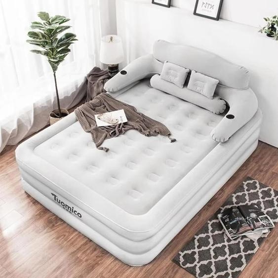 Matelas gonflable double - Lit de camping pour invités - 152x203x22 cm - PVC - Pour intérieur et extérieur - Compatible avec une pompe externe - Gris