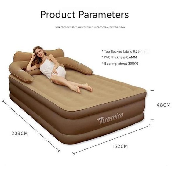 Matelas gonflable double - Lit gonflable pour 2 personnes - 152x203x22 cm - Adapté pour le camping et les sièges arrière de voiture - PVC, couleur marron