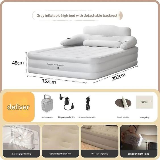 Matelas gonflable pour 2 personnes - Lit gonflable pour camping - Avec pompe intégrée - Auto-gonflant - Extra-haute (48 cm) - Dimensions : 203 x 152 cm - Adapté pour intérieur et extérieur - Gris clair