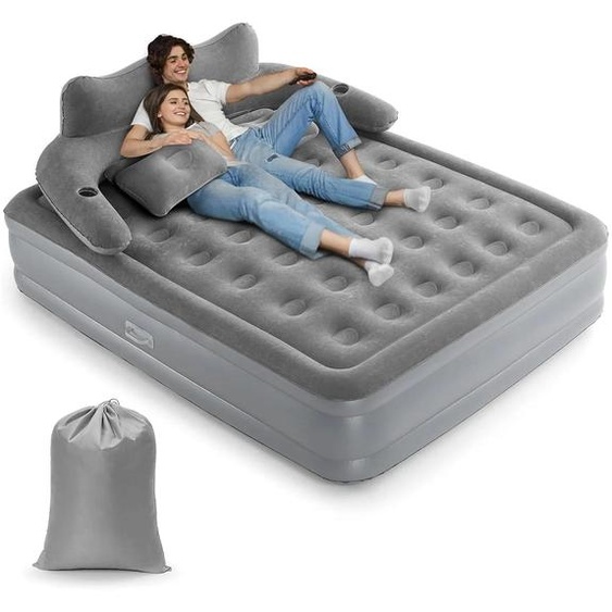 Matelas gonflable pour 2 personnes - Matelas gonflable double à gonflage automatique - Pompe intégrée - 195 x 150 x 40 cm - Pour le camping et la maison - Gris