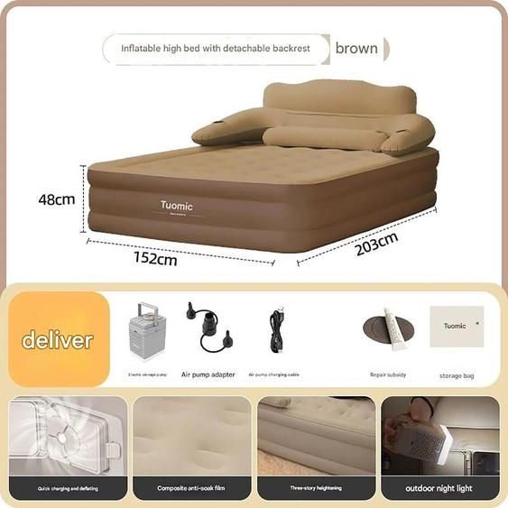 Matelas gonflable pour camping, 2 personnes - Lit gonflable - Pompe intégrée - Gonflage automatique - PVC épais - Dimensions : 203 x 152 x 48 cm - Adapté pour une utilisation intérieure et extérieure - Couleur : marron