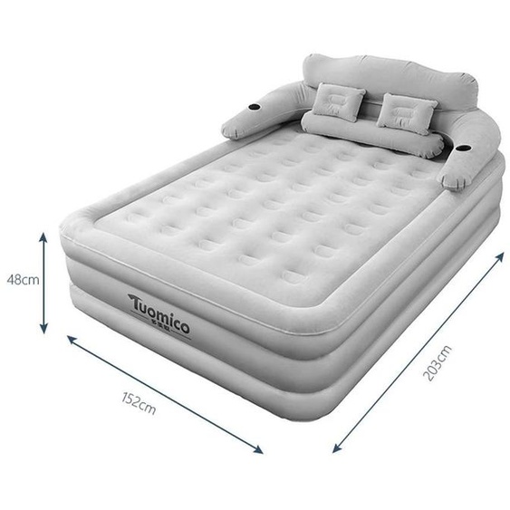 Matelas gonflable pour camping - Double, dimensions 203x152x48 cm - Avec dossier - Pour 2 personnes - Surface en PVC texturé - Hauteur 48 cm - Gris