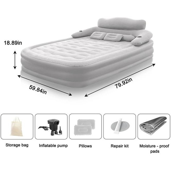 Matelas gonflable pour camping, pour 2 personnes - Lit gonflable avec pompe intégrée - Gonflage automatique, dimensions : 203 x 152 x 48 cm - Construction en PVC extra-résistante - Couleur : gris