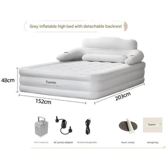 Matelas pneumatique - Matelas gonflable - Pompe intégrée - Gonflage automatique - 152 x 203 x 48 cm - Matériau EVA - Pour le camping et la maison - Gris