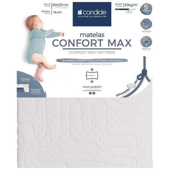 Matelas Pour Lit Bébé Confort Max - Confort Généreux - Déhoussable À 360° Blanc
