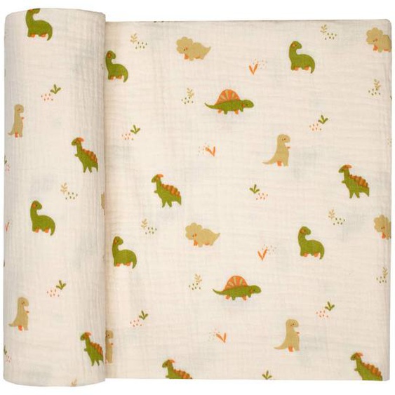 Maxi Lange En Gaze De Coton Dino Dinosaures, Écru, Vert