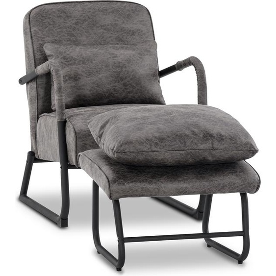 MCombo Fauteuil avec pouf pour salon , Fauteuil relax rétro vintage avec coussin pour la taille, fauteuil avec accoudoirs Fauteuil lounge rembourré en tissu microfibre, 4742 (gris foncé)