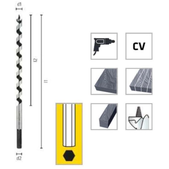 Mèche à Bois CV Forme Lewis 6 pans - Spécial Charpente Poutres D. 30 x Lt. 600 x Lu. 530 x Q. 12 mm - Diamwood