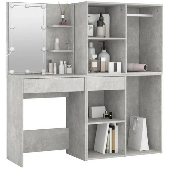 Meilleures Table de Maquillage/Chambre, Coiffeuse à LED avec 2 armoires Gris béton - Bois dingénierie - HZ719324