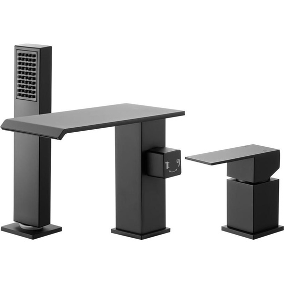 Mélangeur bain 3 trous - Set de robinetterie sur gorge avec douchette - Monocommande - Haut débit - Double options de débit deau - Montage sur bord de baignoire - Noir mat