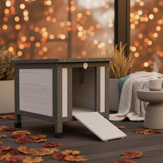 Melko Niche pour chat Outdoor Maison pour animaux Caisse de mise bas Villa en bois - Blanc / Gris