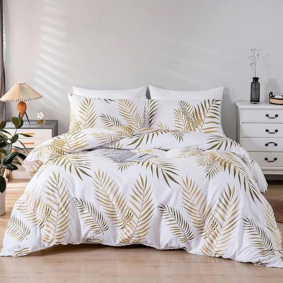 Memkey - Duvet cover set 220 x 240 cm for 2 people and 2 x pillowcases 50 x 75 cm, bedding set made of 100% microfiber, golden tropical leaves,