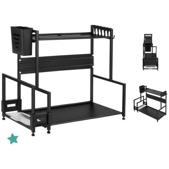 MENGDA Étagère à épices debout à 2 étages - Grande capacité - En métal - Pour plan de travail - Avec porte-ustensiles - Noir