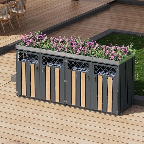 Merax Abri pour poubelles verrouillable 2 pièces avec bac à fleurs, double habillage pour poubelles avec 2 portes en acier et ventilation en losanges, jardin, aspect bois gris