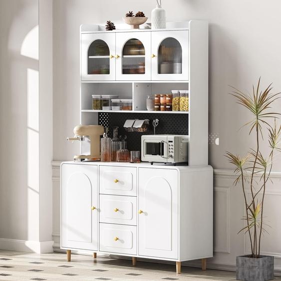 Merax Armoire de cuisine, Buffet Armoire haute avec 3 tiroirs, Porte en verre, Planche perforée, Armoire Buffet pour Cuisine Et Salle à manger, Salon, Blanc