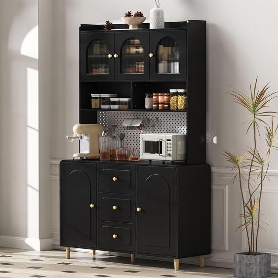 Merax Armoire de cuisine, Buffet Armoire haute avec 3 tiroirs, Porte en verre, Planche perforée, Armoire Buffet pour Cuisine Et Salle à manger, Salon, Noir