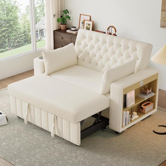 Merax Canapé-lit 2 places avec fonction sommeil, 2 coussins, USB, Type-C, porte-boissons, tablette latérale, dossier réglable, Chenille Canapé-lit, Beige