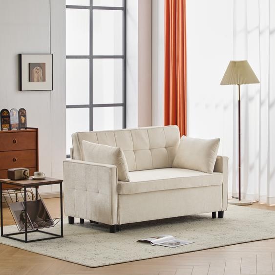 Merax Canapé-lit deux places avec fonction sommeil - Tissu chenille blanc, dossier inclinable, couchage et assise 2 en 1, beige