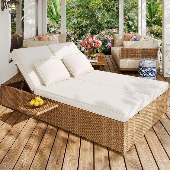 MERAX Chaise longue de jardin Outdoor Meubles de balcon Meubles de terrasse Île de soleil, Polyratten Chaise longue de jardin pliable double avec étagère & coussin