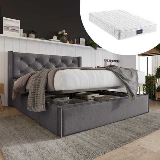 Merax Lit Boxspring hydraulique 140x200cm Lit rembourré avec sommier et matelas, espace de rangement et sommier à lattes en métal, forme doreille Lit double fonctionnel Lit de rangement en coton, Gris