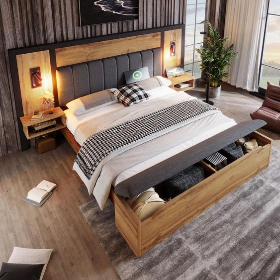 Merax Lit double 180x200 avec table de nuit, lit rembourré en chêne avec liseuse, prise de charge USB-C et banc de rangement, lit en bois sans matelas