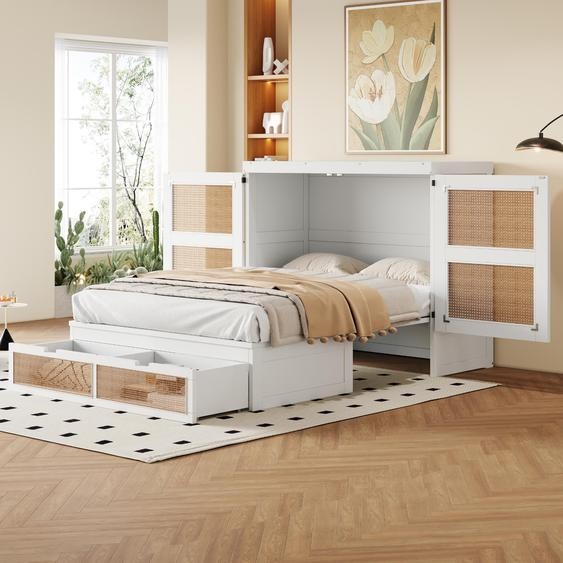 Merax Lit escamotable 140x200 cm avec façade en rotin, lit denfant pliable verticalement, lit en bois avec espace de rangement et portes à 270° - gain de place & style, blanc