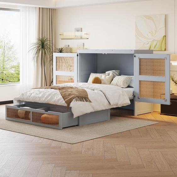 Merax Lit escamotable 140x200 cm avec façade en rotin, lit denfant pliable verticalement, lit en bois avec espace de rangement et portes à 270° - gain de place & style, Gris