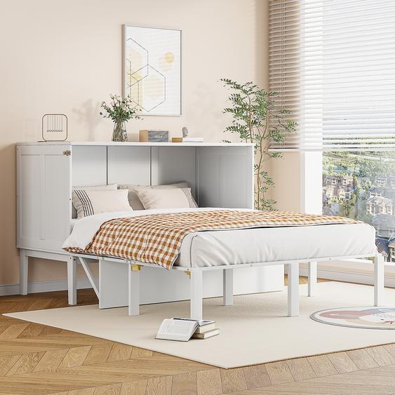 Merax Lit escamotable 140x200cm avec sommier à lattes, Lit mural rabattable Lit dadolescent Armoire de lit Lit double Lit en bois pour chambre à coucher et appartements de vacances, Blanc