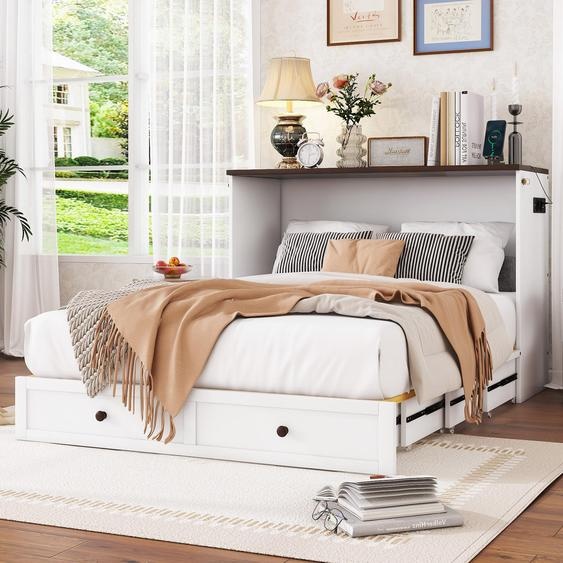 Merax Lit escamotable mobile 140x200 avec étagère de tête, USB & prise de courant, lit plate-forme transformable, lit mural, lit pliant mural, peu encombrant, blanc